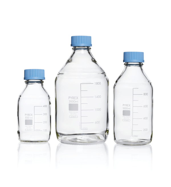 PYREX® Bottles, media-lab, with cap and pouring ring