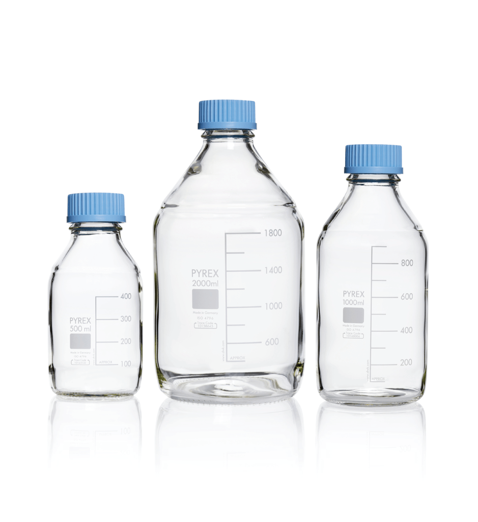 PYREX® Bottles, media-lab, with cap and pouring ring