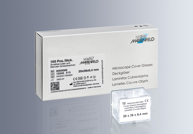 Cover glasses 0.4 mm for counting chambers and haemacytometers, 20 x 26 mm