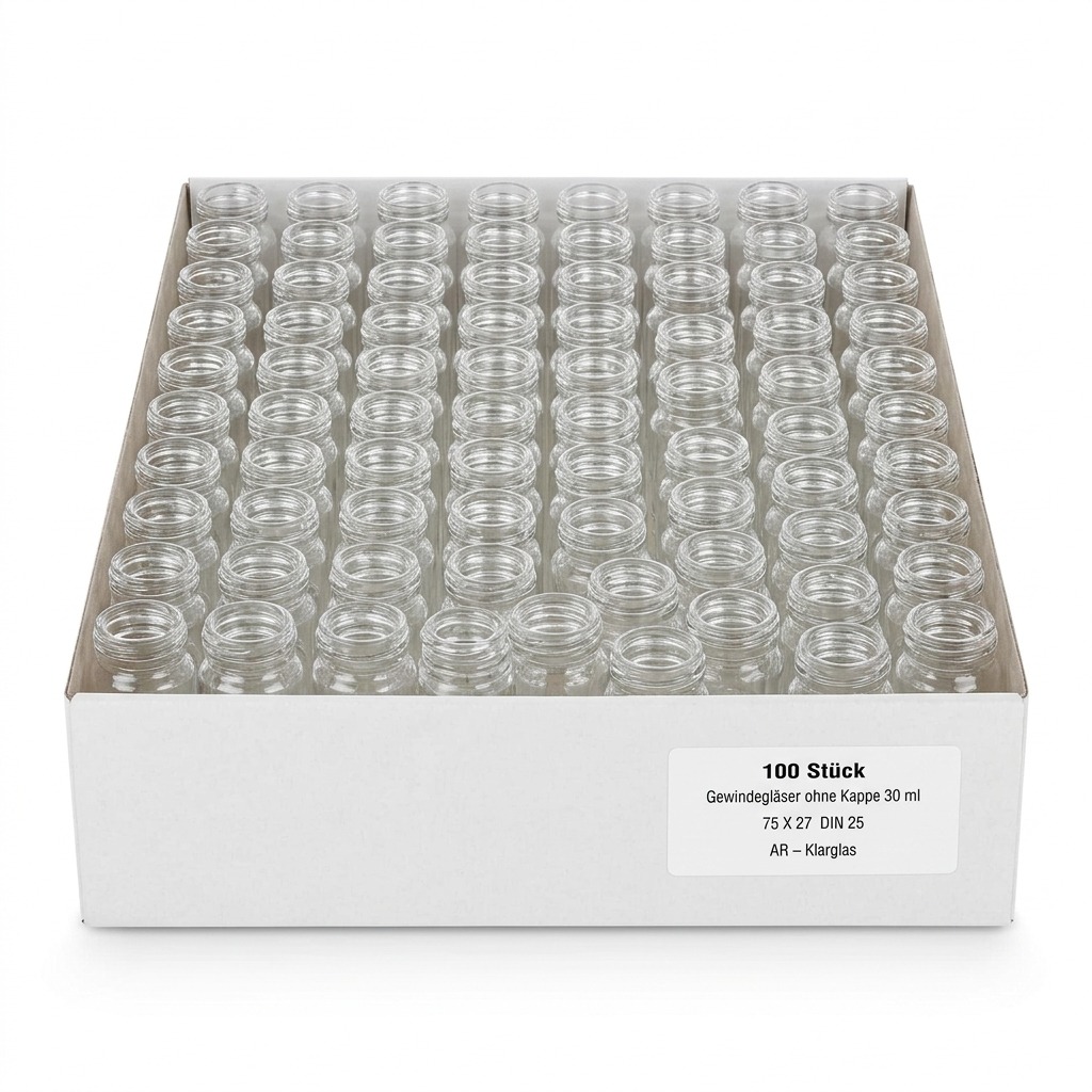 Threaded glass jars 30 ml, 75x27 mm DIN 25, with white PP screw cap, clear glass,